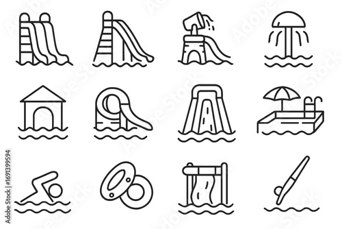 Water park and aquapark line icon set. Summer vacation symbols collection. Water slide, swimming pool, swim, dive, leisure fun. Thin outline pictogram pack for web design.