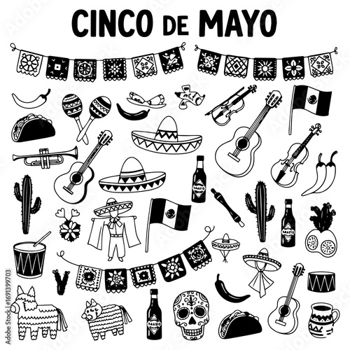 Cinco de Mayo Celebration Doodle Set with Mexican Cultural Icons