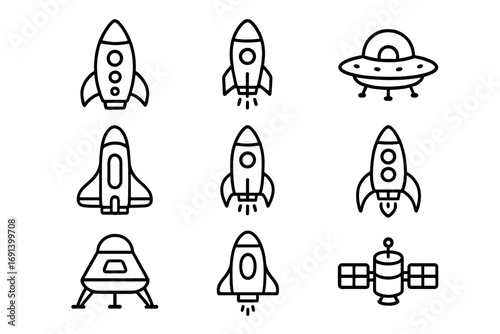 Spaceship rocket line icon set. UFO, satellite, space shuttle vector collection. Editable stroke. Sci-fi technology, cosmic travel, and galaxy exploration concept symbols.