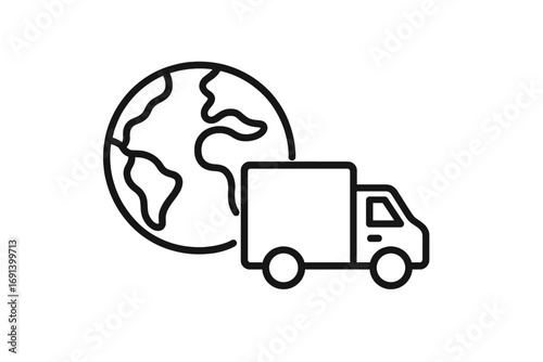Minimalistic linear vector illustration of Planet Earth with delivery truck icon, Earth shipping concept, global logistics design for web, apps, social media, banners, cards