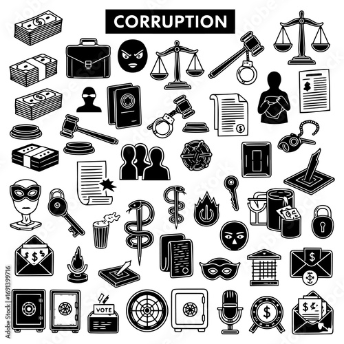 Comprehensive black and white icon set illustrating corruption, featuring symbols of money, law, crime, justice, politics, secrecy, and power.