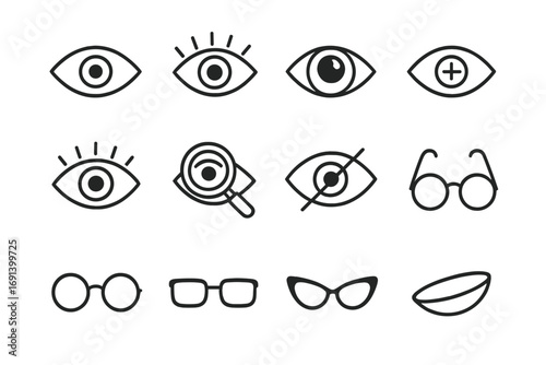Vision icon set with eye, glasses, contact lens outline icons. Look, see, search, blind symbols. Ophthalmology, optometry vector pictograms for web and app design.