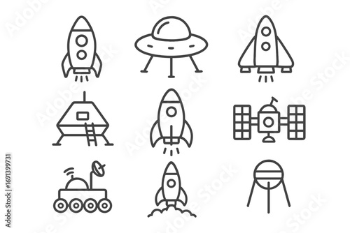 Spaceship line icon set. Rocket launch, UFO, satellite, rover, space lander symbols. Cosmos exploration, astronomy science vector illustration collection. Editable stroke.