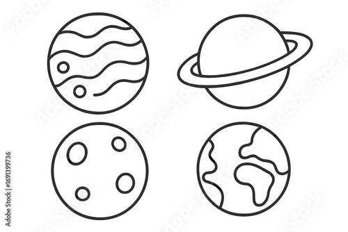 Planet icon set outline style. Linear pictogram pack. Solar system objects. Earth, saturn, jupiter, moon. Space astronomy science symbols for web, apps, logo design.