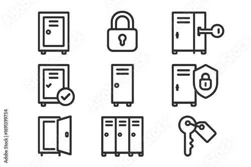 Locker icon set. Thin line icons for secure storage. Safety padlock, key, and gym or school lockers. Vector symbols for web design, apps, and secure access concepts.
