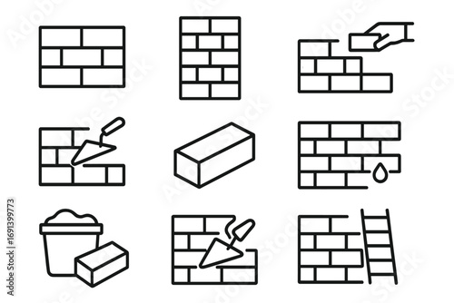 Bricklaying icon set. Masonry construction symbols. Build wall with bricks, mortar. Trowel, cement, builder worker hand. Home improvement, repair. Vector outline pictograms.