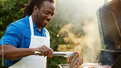 A smiling man with dreadlocks wearing an apron grilling food with smoke in the background outdoors