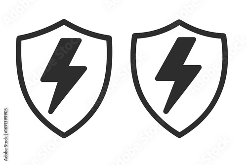 Minimalistic lightning bolt icon with shield symbol, electric power protection graphic, simple vector illustration for apps and digital design, transparent background, set of two