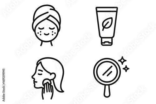 Skincare icons set with facial treatment, natural cream tube, woman applying cosmetic pad, and sparkling mirror for beauty care, spa, skincare routine, wellness and personal hygiene