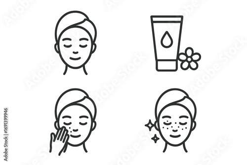 Minimalistic skincare line icons set with face care routine, moisturizing cream tube, facial treatment application, beauty spa and clean skin concept vector illustration for web and graphic design