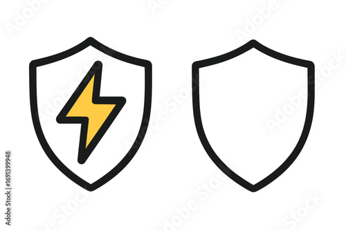 Minimalistic lightning bolt and shield icon vector, energy protection symbol, electric power concept, security emblem, flat design, modern graphic illustration set with transparent background