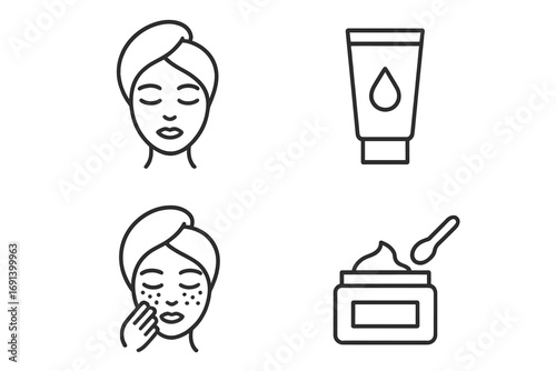 Minimalistic skincare icons set with face mask, cream tube, facial cleansing, and moisturizing jar. Beauty routine vector illustration for web, apps, banners, and social media design