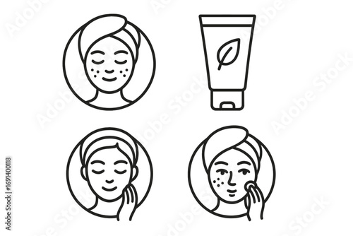 Skincare routine icons set for web and app design, facial care vector illustrations with natural cream tube, beauty face cleansing and moisturizing concepts, transparent background