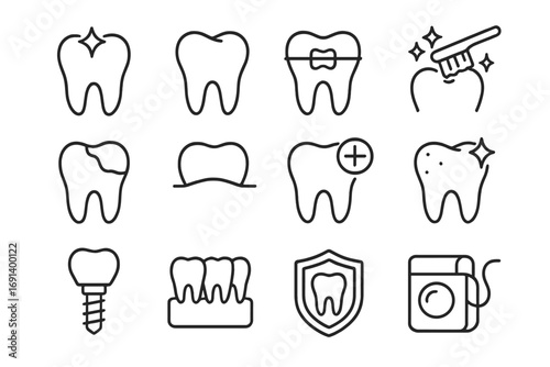 Dentistry line icons set. Dental care, oral hygiene, stomatology concepts. Tooth, braces, implant, caries, crown, cleaning, floss, protection. Orthodontics pictograms.