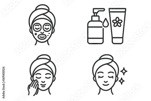 Skincare routine icons set with facial mask, moisturizing cream, cleansing, and glowing skin illustrations, beauty care symbols for apps, websites, and wellness projects