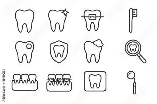 Dentistry and dental care line icon set. Tooth and teeth health concepts. Orthodontics, braces, hygiene, cleaning, caries, checkup, protection, x-ray vector icons.