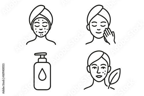 Skincare routine icons set with acne treatment, moisturizing, natural skincare, facial care, beauty and wellness vector illustrations, transparent background, health and beauty concepts