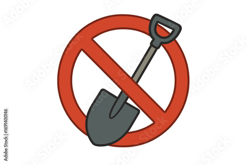 Prohibited shovel sign no digging symbol, construction and gardening restriction icon, safety warning vector illustration with transparent background for design and advertising