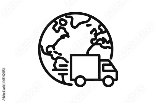 Minimalistic planet Earth with delivery truck icon, global shipping concept, worldwide logistics symbol for web, apps, banners, social networks, vector illustration