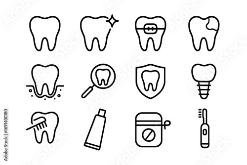 Dentistry and dental care outline web line icons collection. Tooth, braces, cleaning, implant, caries, oral hygiene, orthodontics. Minimalistic linear pictogram set for design.