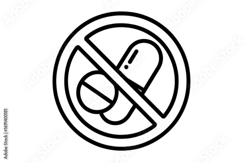 No medication symbol, prohibition sign with pill and capsule, health safety icon, medical restriction, no drugs allowed, pharmacy warning, healthcare vector illustration