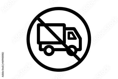 No trucks allowed icon vector. Delivery prohibited symbol. No lorry access or entry sign. Transport forbidden pictogram. Road traffic restriction warning. Minimalistic line art.