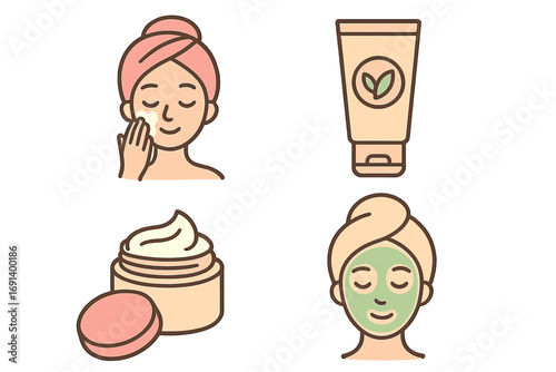 Skincare routine icons set with cream application, natural cosmetic tube, face mask and moisturizer jar, beauty care vector illustration for web, apps, cards, wellness concept