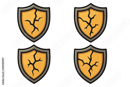 Cracked shield icon set, damaged protective emblem, security breach concept, broken defense symbol, vector cartoon illustration with transparent background, security and vulnerability design