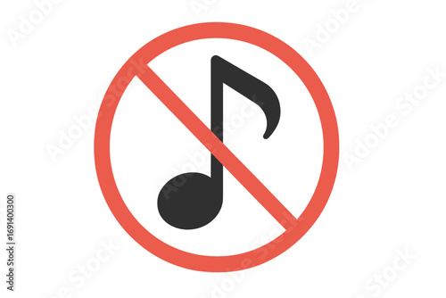 No Music Icon, Prohibited Sound Note Symbol, Audio Disabled Sign, Sound Off Concept, No Sound Vector Illustration, Mute Audio Warning, No Music Allowed Graphic