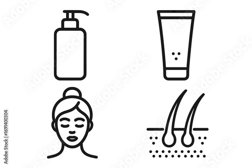 Beauty and skin care line icon set. Shampoo, gel, face cream icons. Woman's face and hair follicle pictogram. Cosmetics and dermatology concept for web and graphic design.
