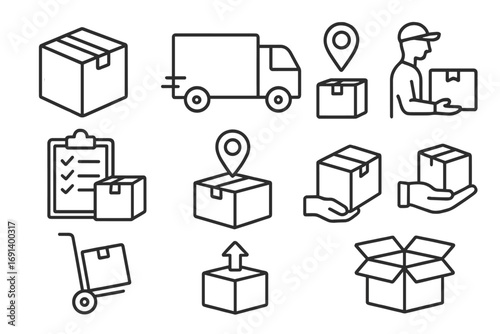 Delivery and shipping line icon set. Logistics service, package tracking, courier, and transport icons. E-commerce order fulfillment, distribution, and cargo vector pack.