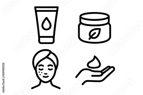 Simple Skincare Icon Set for Beauty and Wellness Apps, Vector Illustration with Transparent Background, Facial Care Symbols, Moisturizer Tube, Natural Cream Jar, Hand with Lotion, Skin Health Concept