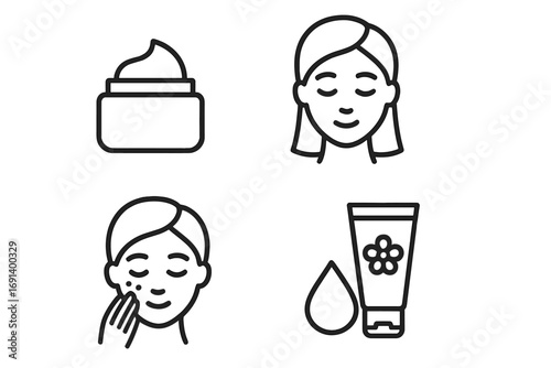 Skincare icons set vector cartoon, beauty cream jar, facial care serene woman face, moisturizing lotion tube with water drop, skin treatment concept, transparent background