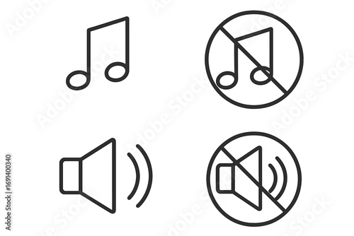 Music and Sound Icons Set, Musical Note Symbol, Sound Speaker with Waves, No Music Allowed Prohibited Sign, Sound Mute and No Sound Vector Illustration, Transparent Background