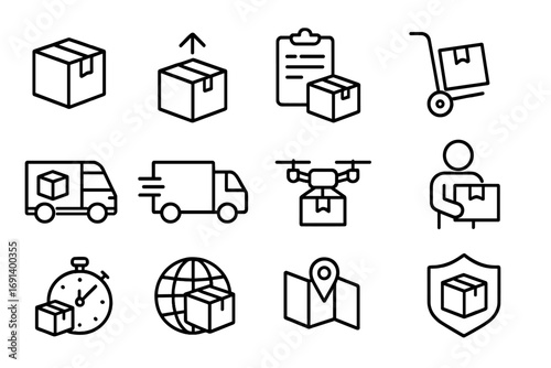Delivery and shipping service line icon set. Logistics and transportation pictogram pack. E-commerce order fulfillment, package tracking, cargo freight vector icons.