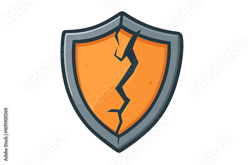 Cracked shield icon vector, broken protection symbol, security breach concept, damaged shield illustration, defense failure, vulnerability emblem, cartoon style graphic vector