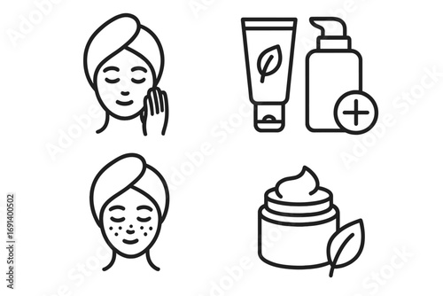 Skincare icons vector set for web and apps, facial care and beauty illustrations with natural cream, acne treatment, moisturizer jars, and skincare products, transparent background