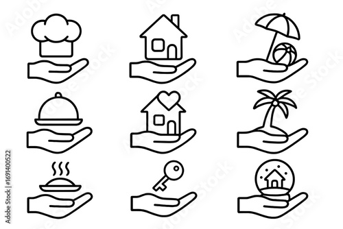 Set of Chef, House, Holiday Concept Icons in Hand, Outline Line Art Symbols for Graphic Design, Web, Apps, Ads, Cards, Vector Cartoon Illustration, Kitchen, Real Estate, Travel