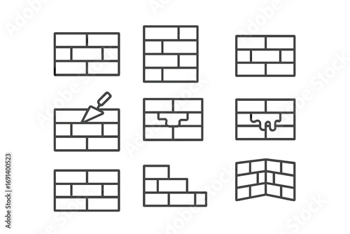 Brick wall line icon set. Masonry, construction, building concepts. Thin outline vector symbols for brickwork, home repair, renovation, stonework, and using a trowel. Editable stroke.