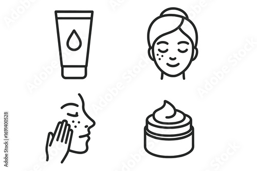 Minimalistic Skincare Icon Set with Face Cream Tube, Woman with Acne Spots, Applying Facial Cream, and Open Moisturizer Jar Vector Cartoon Illustration for Beauty, Skin Care, Cosmetics Design