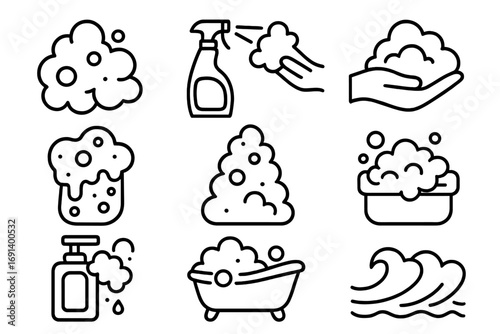 Set of foam and bubbles line icons, soap foam outline signs, cleaning foam vector illustrations for graphic design, web, apps, adverts, hygiene, and bath concepts