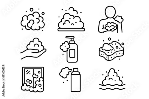 Set of foam icons, bubble foam, soap foam, foam bubbles, hand foam, soap dispenser, foam sponge, bubble spray, foam on water, hygiene and cleaning symbols, outline vector, graphic design elements