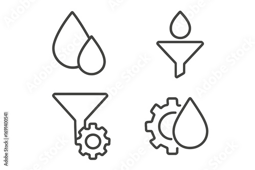 Minimalistic vortex and gear icon set with water drops, slim outline design for web, apps, banners, social media, technology, and engineering concepts, vector illustration