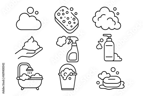 Set of foam related line icons collection. Bubble foam outline signs and symbols for graphic and web design, cleaning apps, adverts, hygiene, washing, soap, bath, detergent