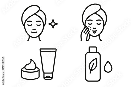 Minimalistic skincare icons set with facial care symbols, cosmetic cream jars, natural lotion bottle, beauty treatment concept for web design, apps, social media, banners vector