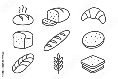 Bread and bakery line icon set. Collection of simple outline pictograms. Loaf, baguette, croissant, pastry, toast, wheat ear, cracker. Vector graphic element for design.