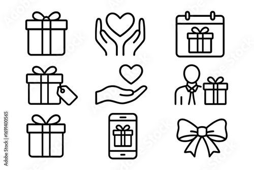 Set of gift, charity, holiday, business, present related line icons, outline signs for graphic design, web design, apps, adverts, and various cards illustration vector