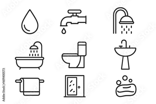 Bathroom and hygiene line icon set. Water, plumbing, and sanitation symbols. Faucet, shower, toilet, sink, and soap outline vector icons. Minimalist pictograms collection.