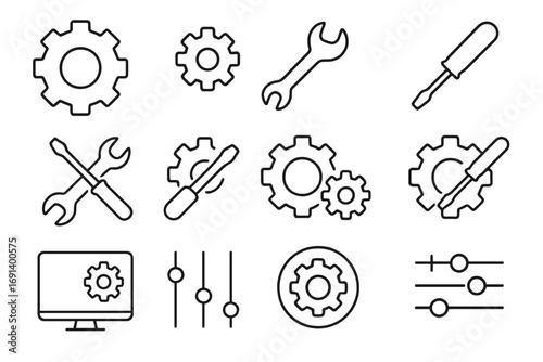 Settings icons collection thin editable stroke vector set with gears, wrench, screwdriver, computer, sliders, and adjustments for web, apps, books, and cards design