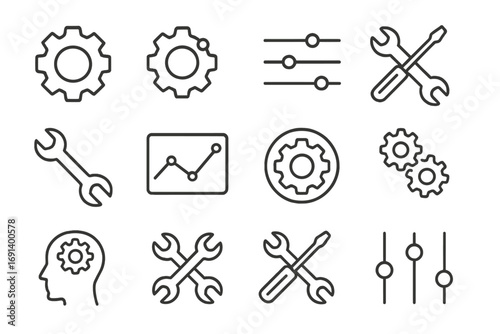 Settings and Tools Thin Line Icons Collection, Editable Stroke Vector Set for Web, Apps, Books, Cards, Technology and Maintenance, Transparent Background, Ordered Design Set 2